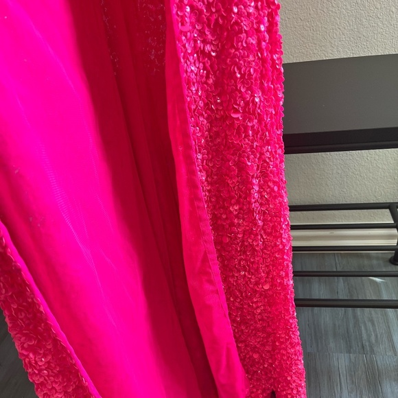 SHERRI HILL | 54330 One Shoulder High Slit Sequin Dress in Neon Pink | Size 0 - Picture 7 of 16
